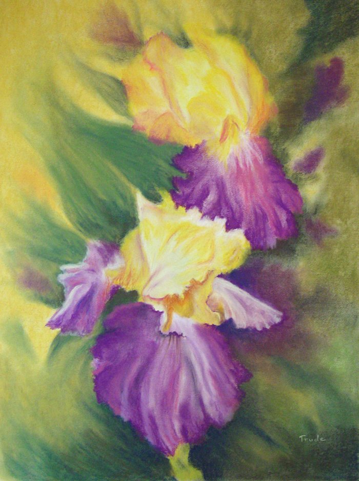 Purple and yellow irises in swirling green — pastel